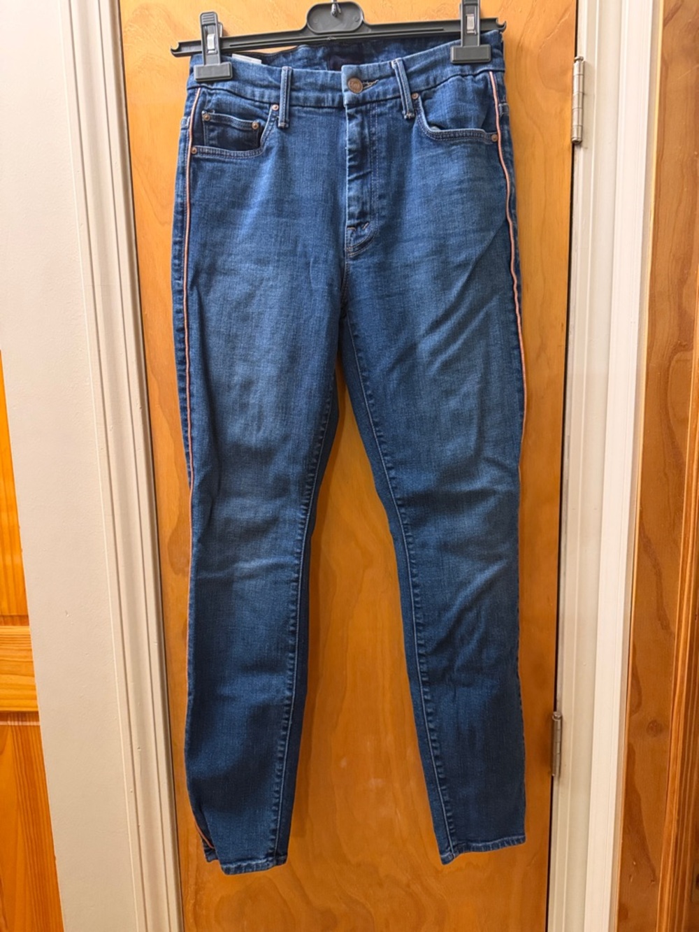 MOTHER Skinny Jeans in Dark Blue with Pink Side Stripe